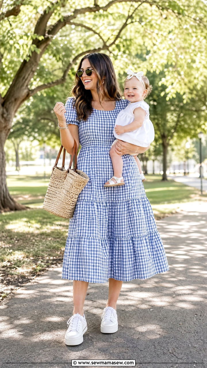 Gingham Dress with White Sneakers - 35 Spring outfit ideas for mom