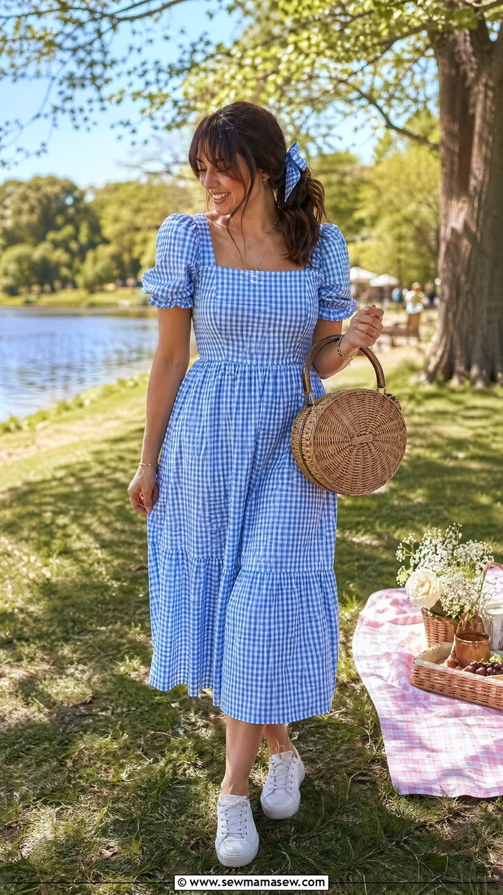 Gingham Dress with a Basket Bag - 35 summer aesthetic outfit ideas