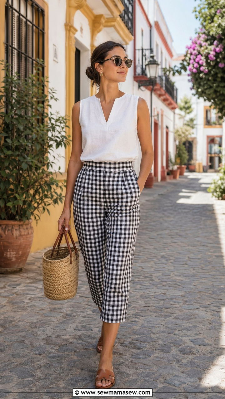 Gingham Linen Capri Pants with White Blouse - 35 Old money brunch outfit ideas