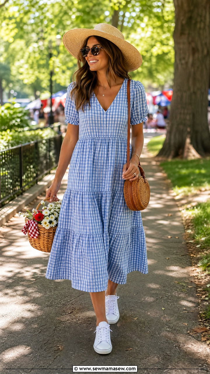 Gingham Midi Dress And White Sneakers Outfit - 35 summer labor day outfit ideas