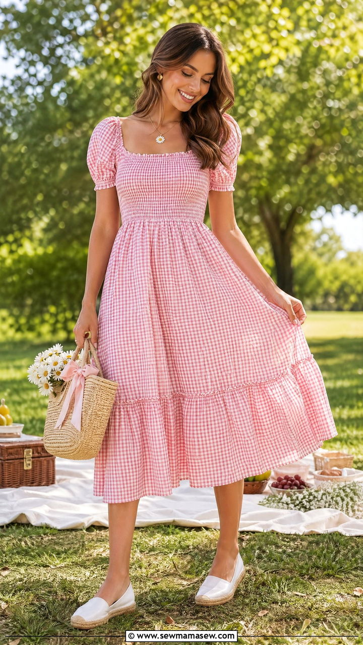 Gingham Midi Dress Summer Romantic Outfit - 35 summer romantic outfits