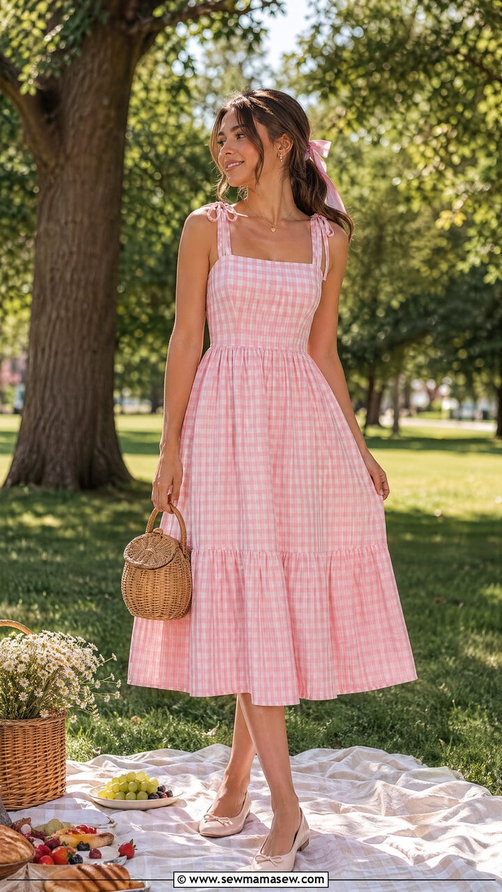 Gingham Midi Dress With Ballet Flats - 35 Summer outfits with midi dresses