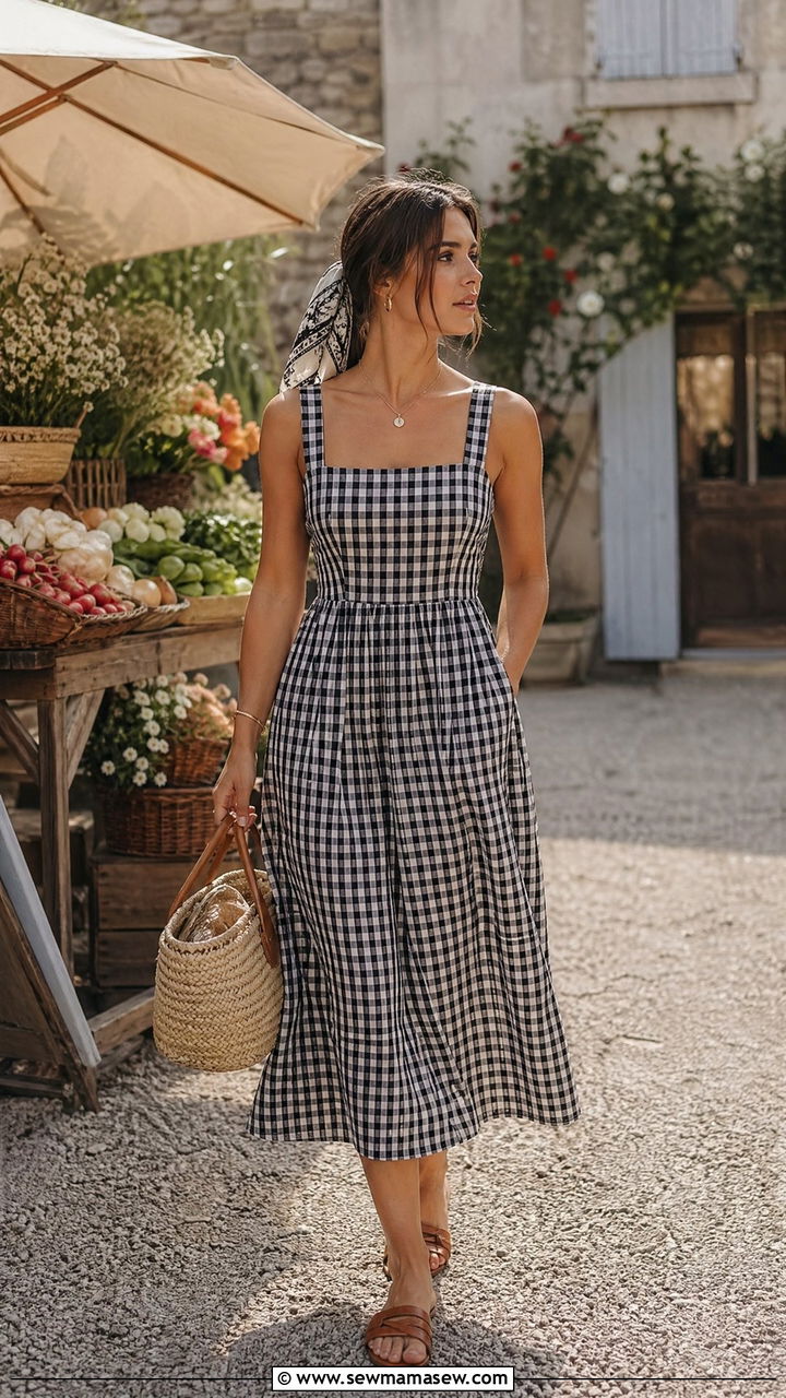 Gingham Midi Dress With Basket Bag And Flat Sandals - 35 spring french girl outfits