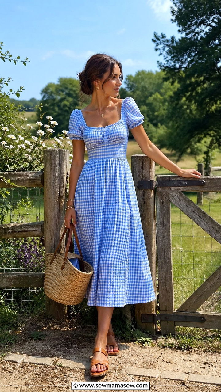Gingham Midi Dress With Basket Bag And Flat Sandals - 30 Spring countryside outfits