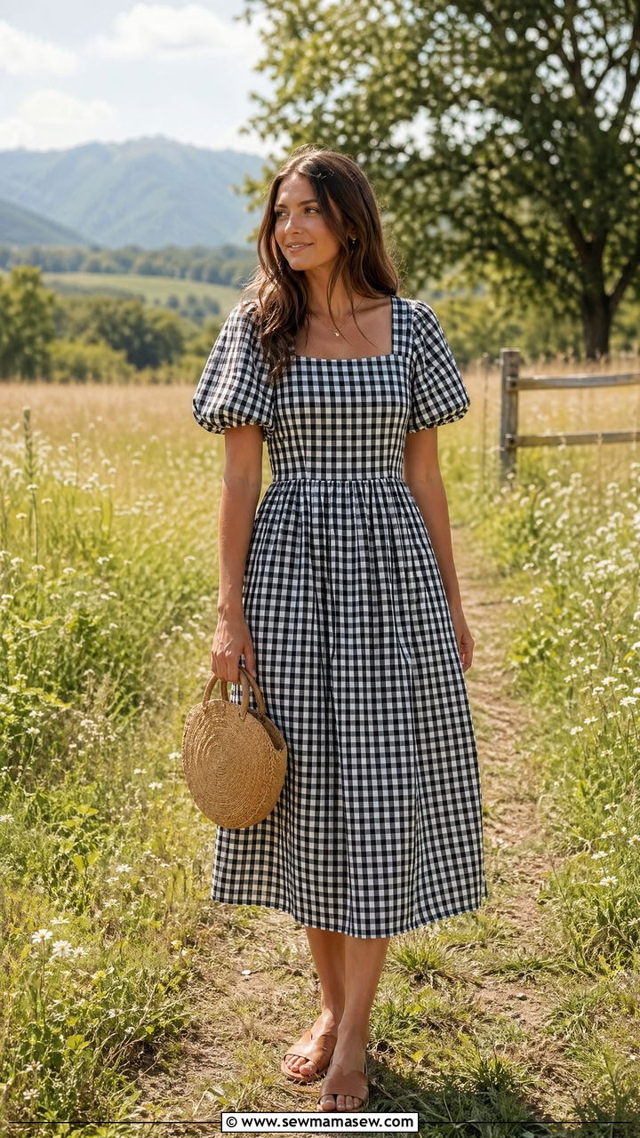 Gingham Midi Dress With Basket Bag Outfit - 35 Summer outdoor outfits