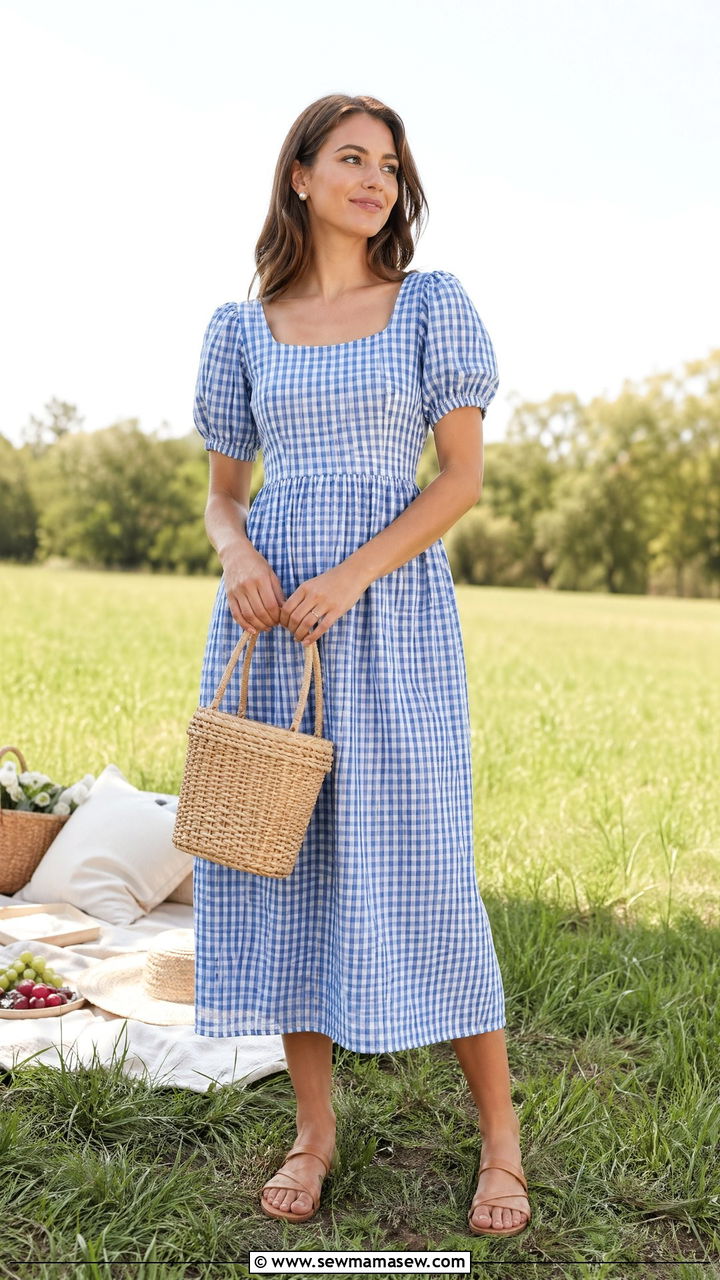 Gingham Midi Dress With Basket Bag - 35 What to wear for a summer picnic