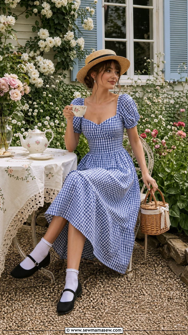 Gingham Midi Dress With Mary Janes - 35 cottagecore outfits for women