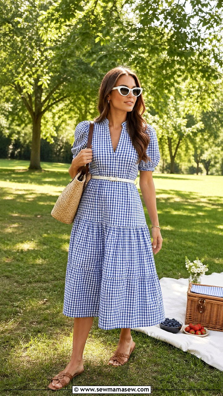 Gingham Midi Dress With Straw Accessories - 30 spring midi dress outfit ideas