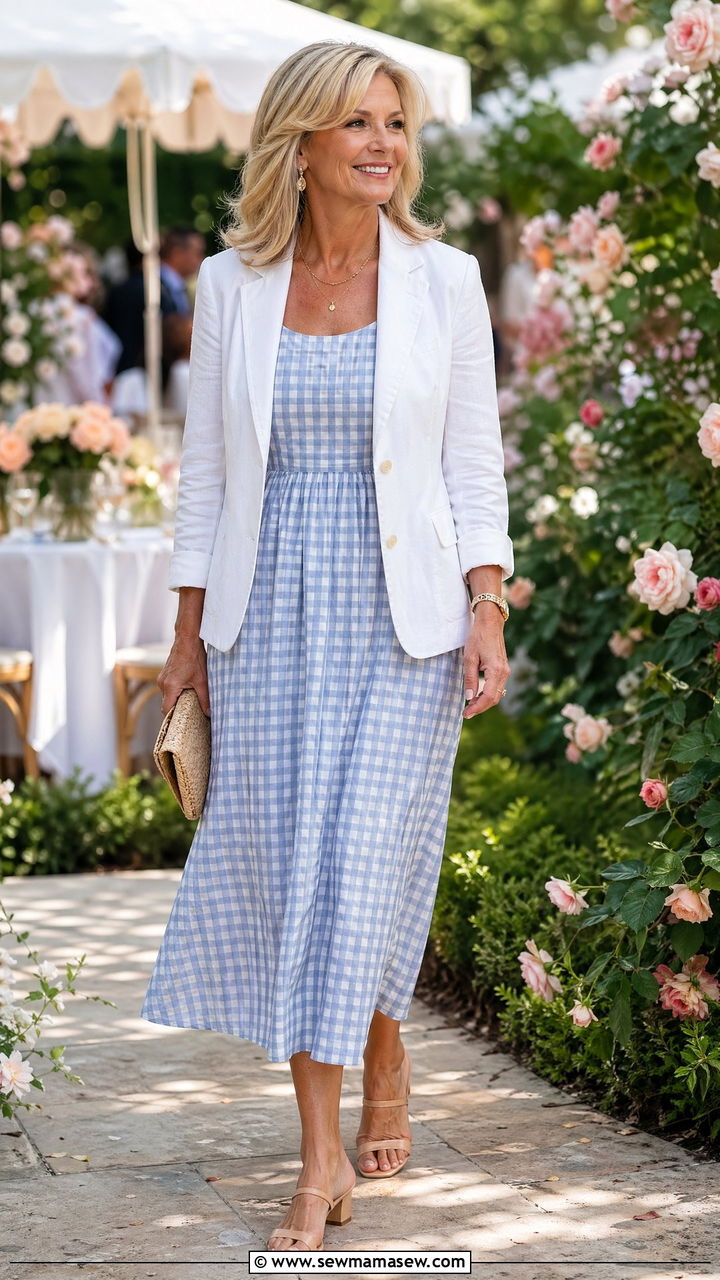 Gingham Midi Dress With White Linen Blazer And Nude Heels - 35 Classy outfits for women over 50