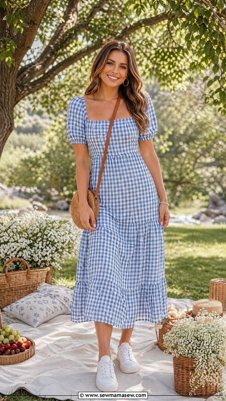 Gingham Midi Dress With White Sneakers - 35 Summer outfits for stay at home moms
