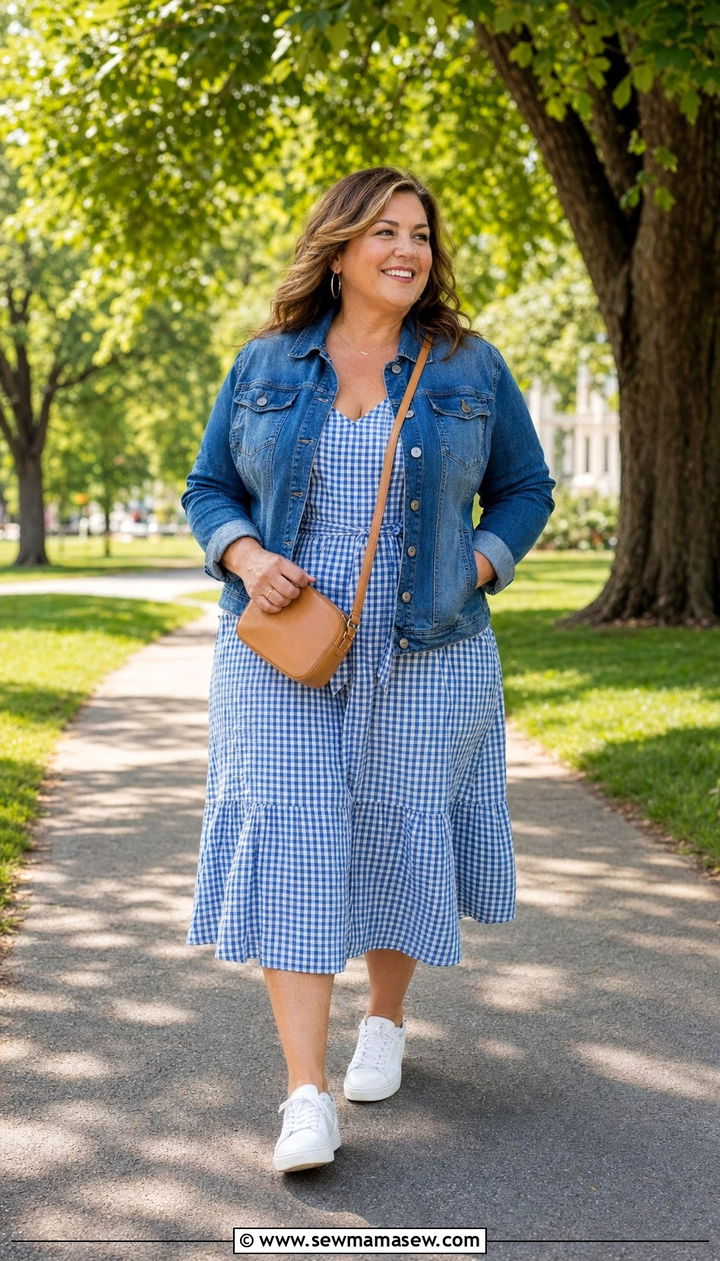 Gingham Midi Dress With White Sneakers And Denim Jacket - 35 Plus size outfit ideas for women over 40