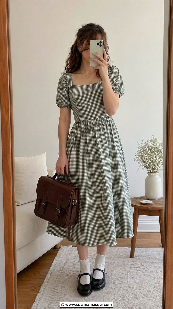Gingham Midi Dress With White Socks And Mary Janes - 35 Cottagecore outfit ideas
