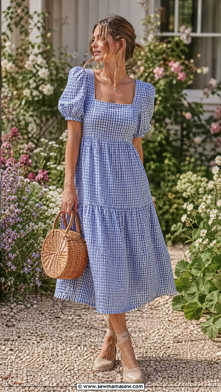 Gingham Midi Dress and Basket Bag Summer Brunch Outfit - 35 summer brunch outfit ideas