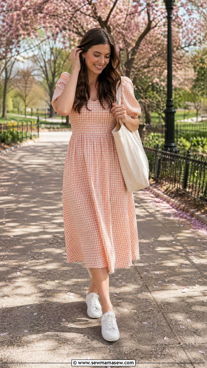 Gingham Midi Dress and White Leather Sneakers - 35 Warm spring outfits