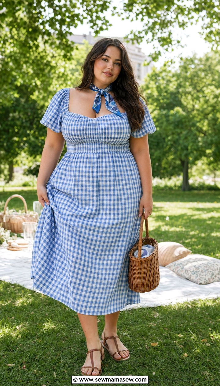 Gingham Midi Dress with Basket Bag and Flat Sandals - 35 outfit ideas for plus size women