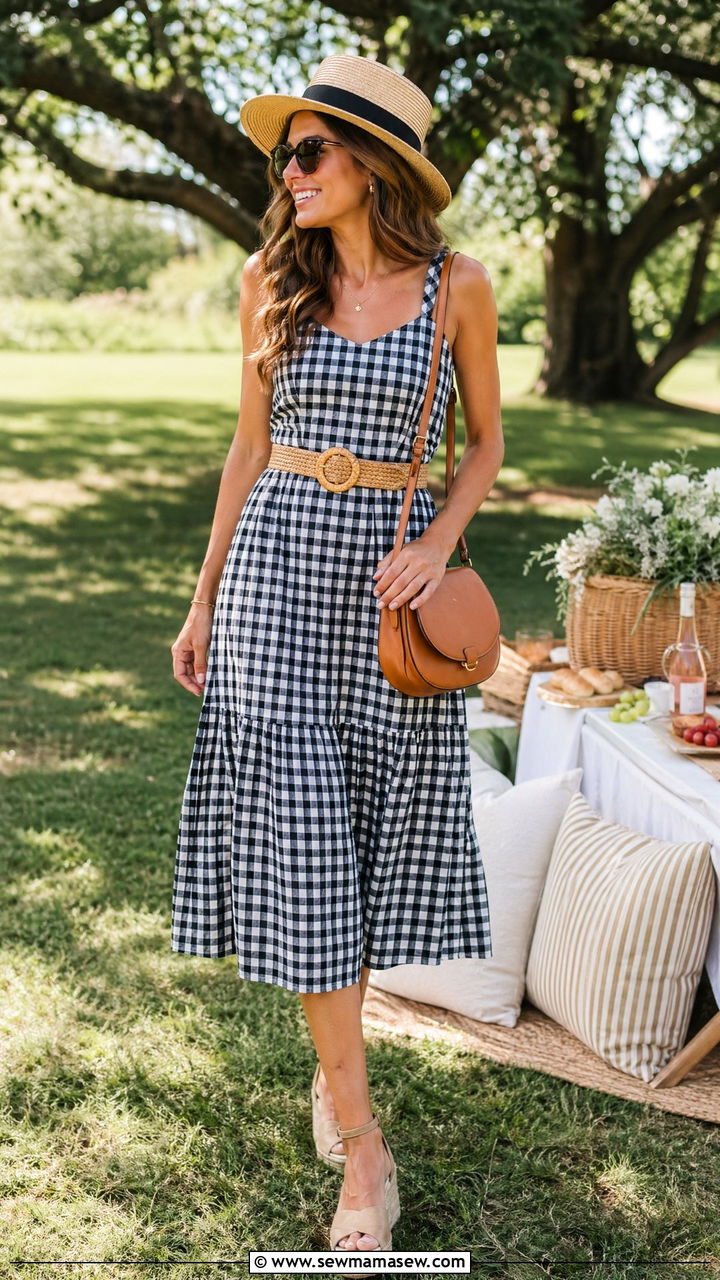 Gingham Midi Dress with Espadrilles - 35 summer preppy outfit ideas