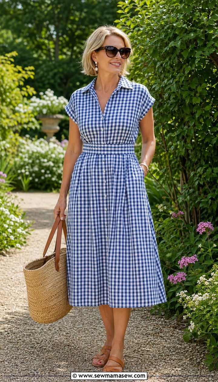 Gingham Midi Dress with Woven Bag and Sandals - 35 Old money outfit ideas for women over 40