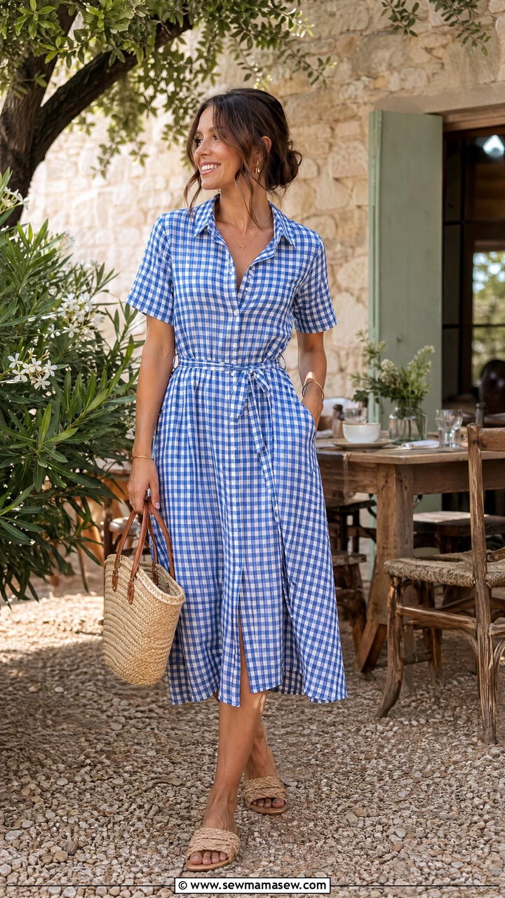 Gingham Midi Dress with a Basket Bag - 35 Summer brunch outfits