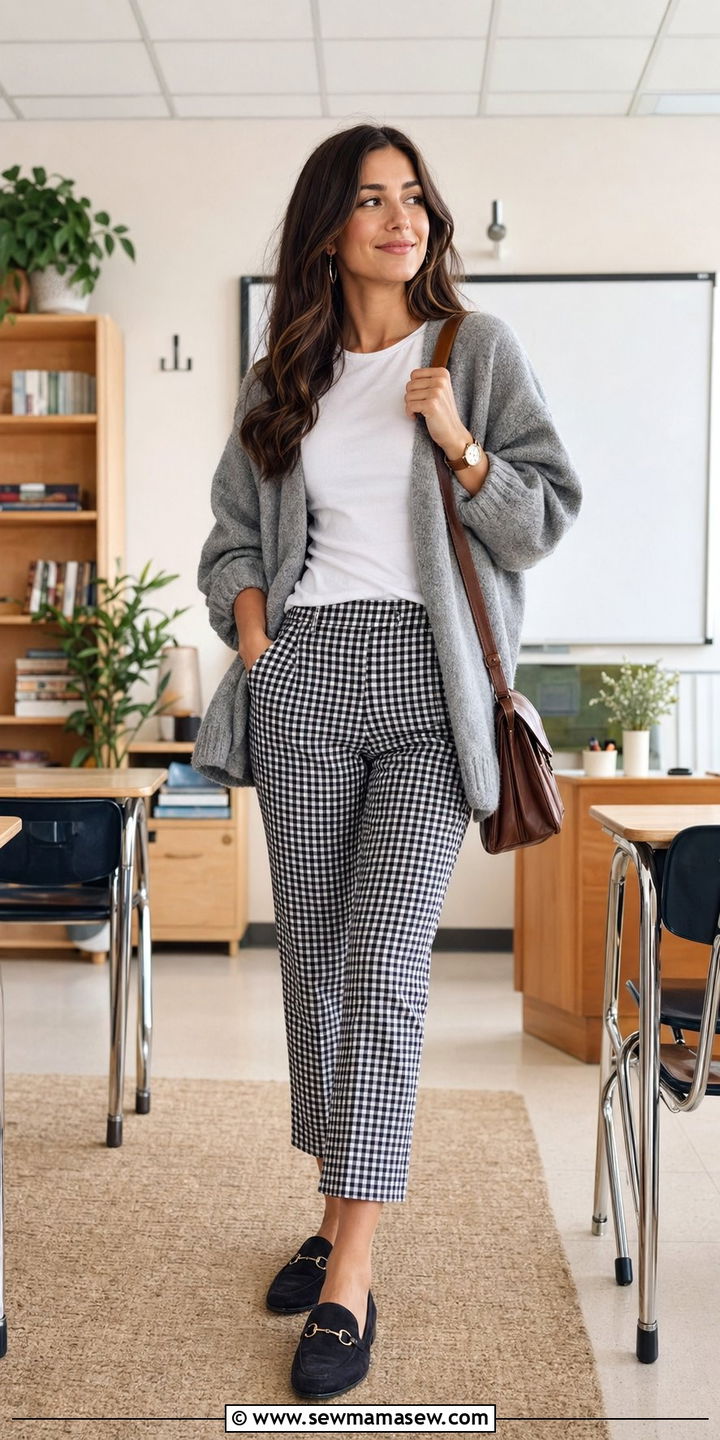 Gingham Pants and Slouchy Sweater Outfit - 30 Back to school outfit ideas aesthetic 2026