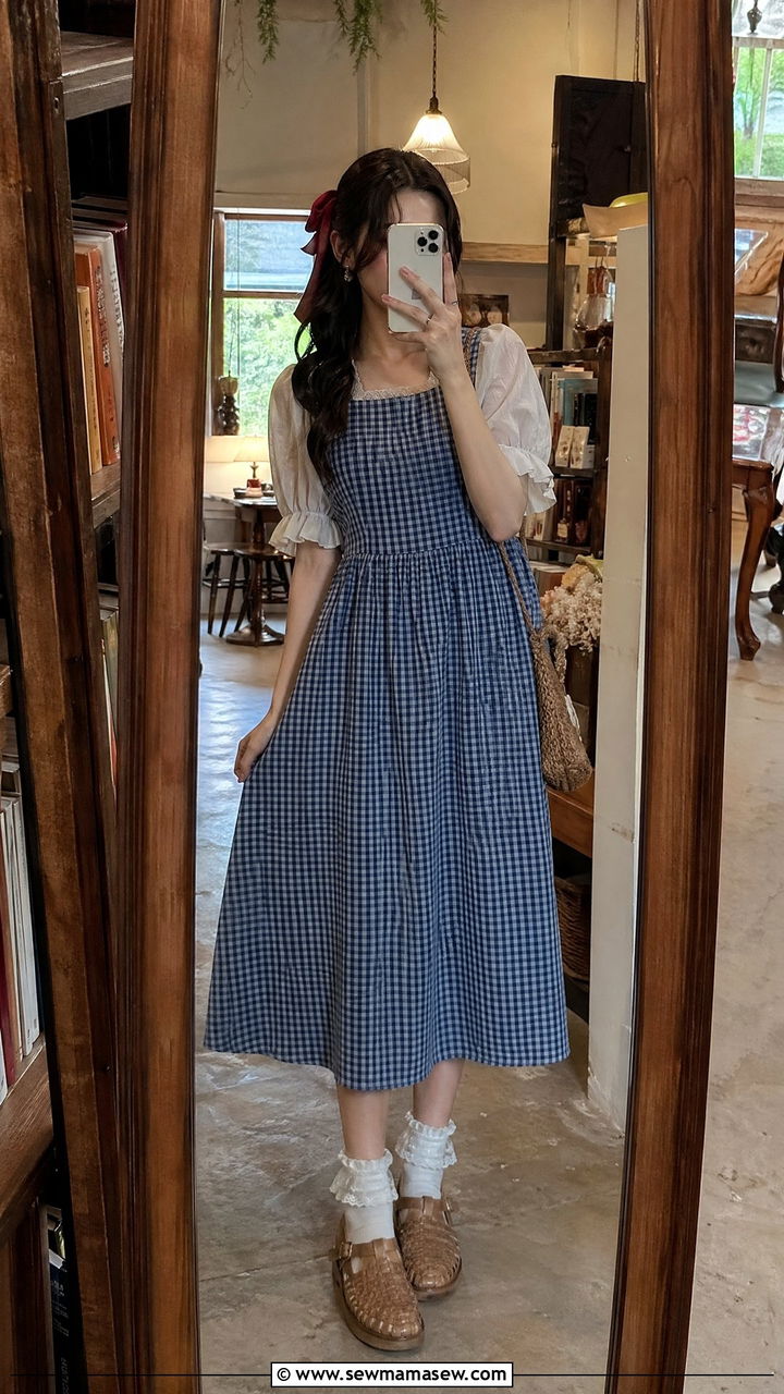 Gingham Pinafore Dress With Puff Sleeve Blouse - 35 cottagecore outfits for women