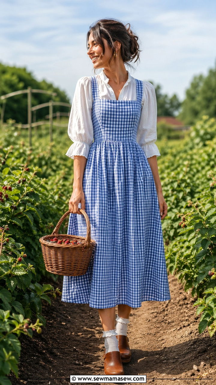 Gingham Pinafore Dress With White Blouse - 30 spring cottagecore outfits