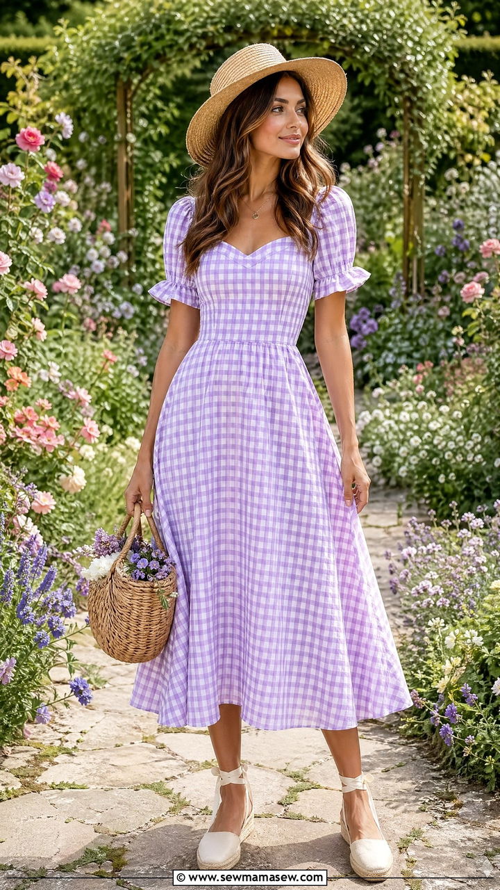 Gingham Print Dress with Straw Hat - 35 Spring garden party outfit ideas