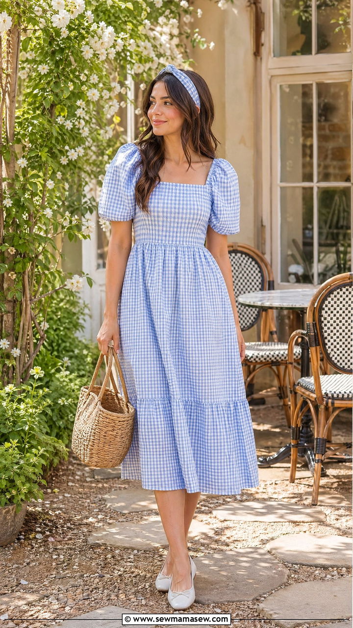 Gingham Puff Sleeve Dress with Headband and Flats - 35 spring vacation chic outfit ideas