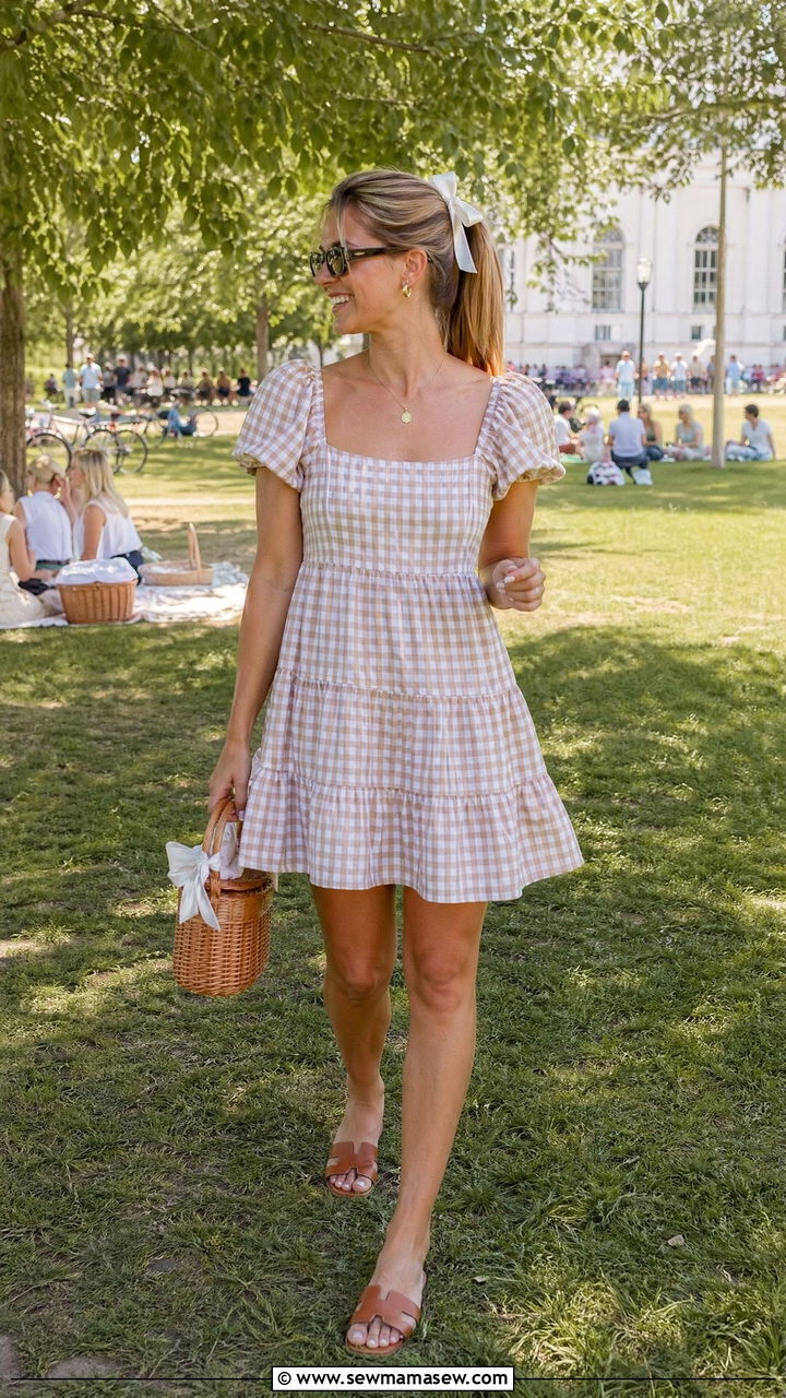 Gingham Puff Sleeve Mini Dress With Basket Bag - 35 summer cottagecore outfit ideas