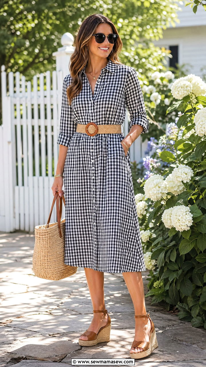 Gingham Shirtdress With a Raffia Belt and Espadrilles - 35 Summer to fall transition outfits