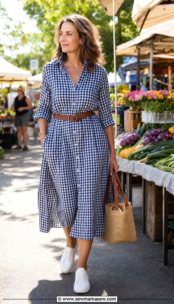 Gingham Shirtdress with White Sneakers - 30 Aesthetic outfit ideas for women over 50