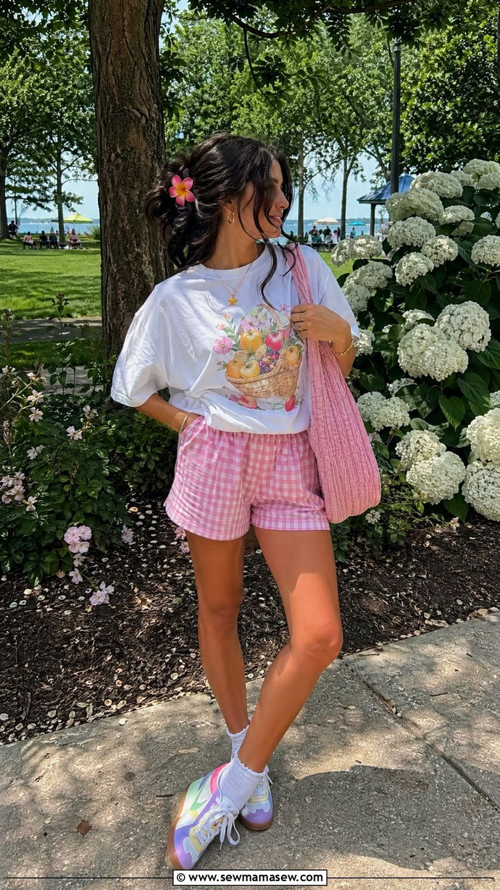 Gingham Shorts and Graphic Tee Outfit - 35 Summer style ideas
