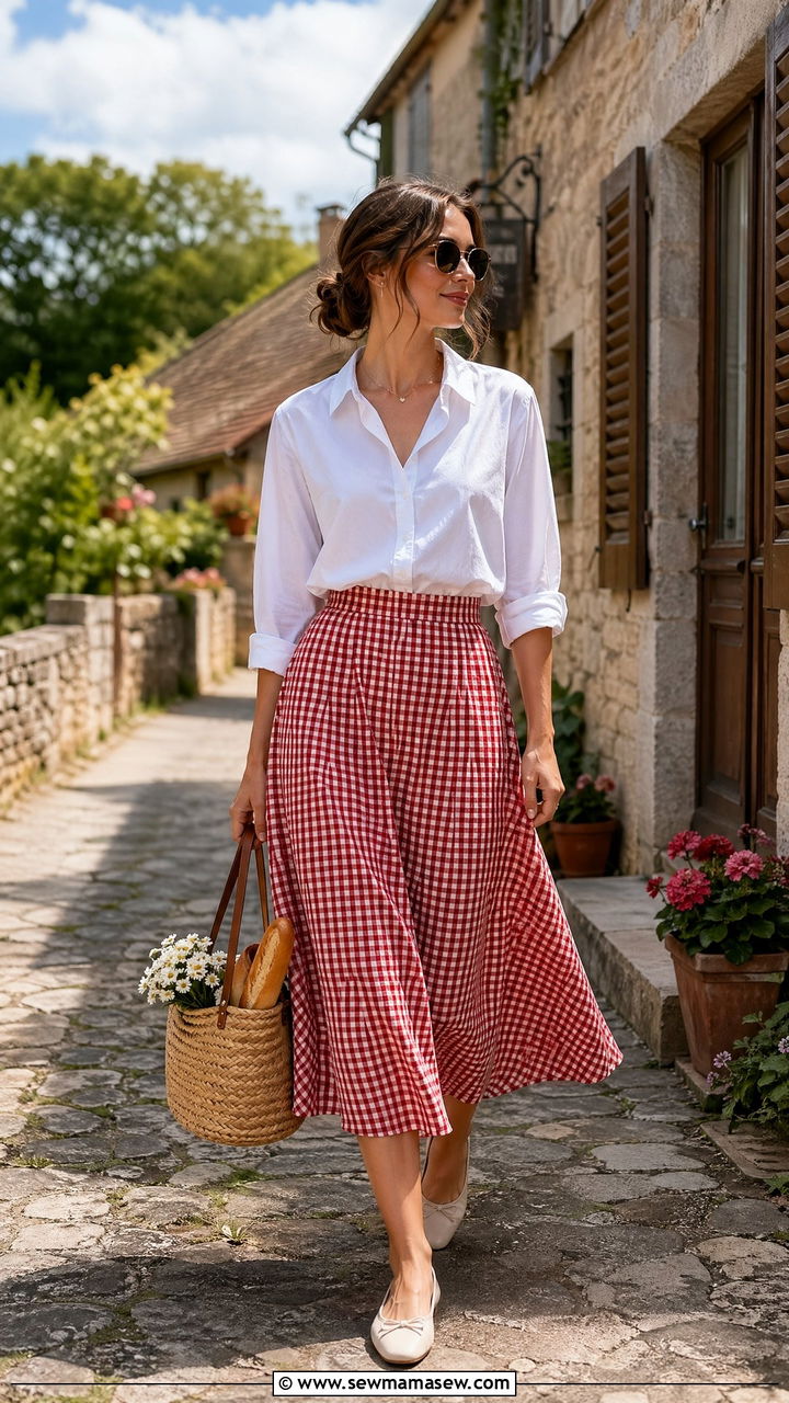 Gingham Skirt with White Blouse - 35 What to wear for a spring picnic