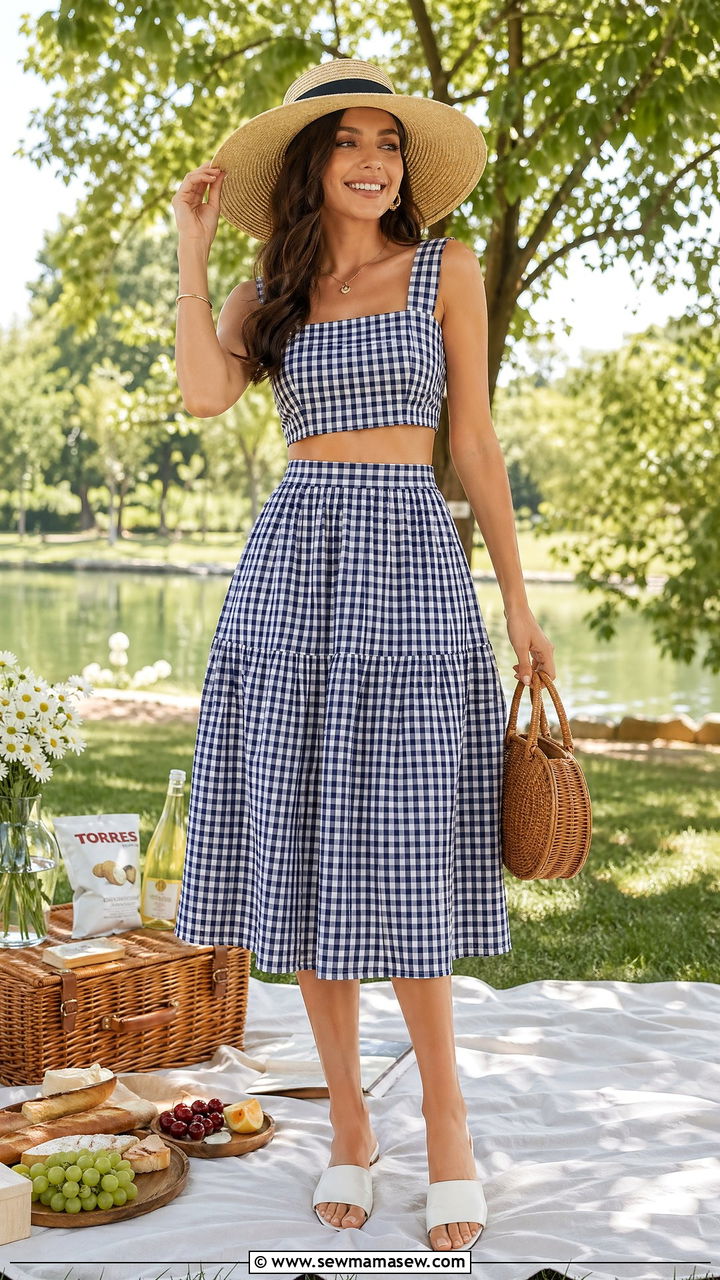 Gingham Two Piece Set With Straw Hat and Mules - 35 Uptown girl outfit ideas