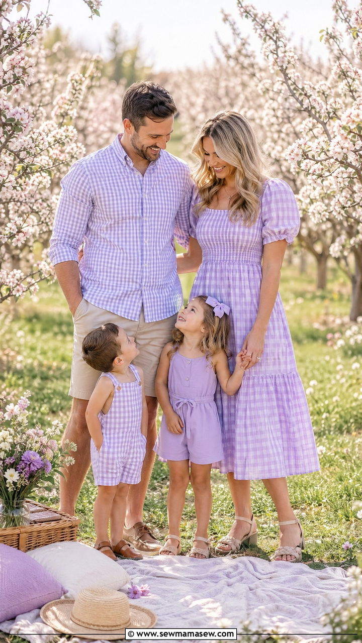 Gingham and Solid Color Family Picture Outfit - 35 spring family photoshoot outfit ideas