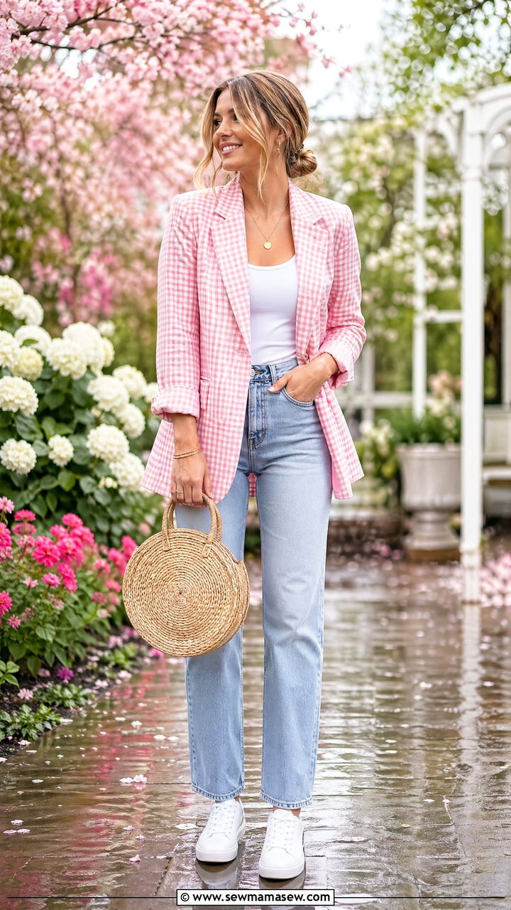 Gingham blazer with denim outfit - 35 classy spring outfit ideas