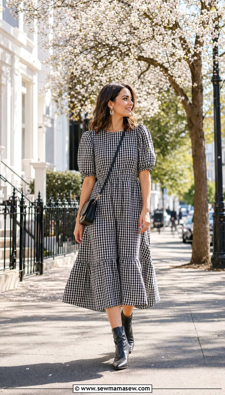 Gingham dress and ankle boots concert outfit - 30 What to wear to a spring concert