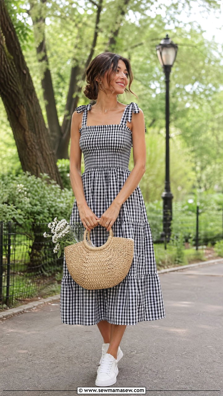 Gingham dress and white sneakers outfit - 35 spring simple outfit ideas