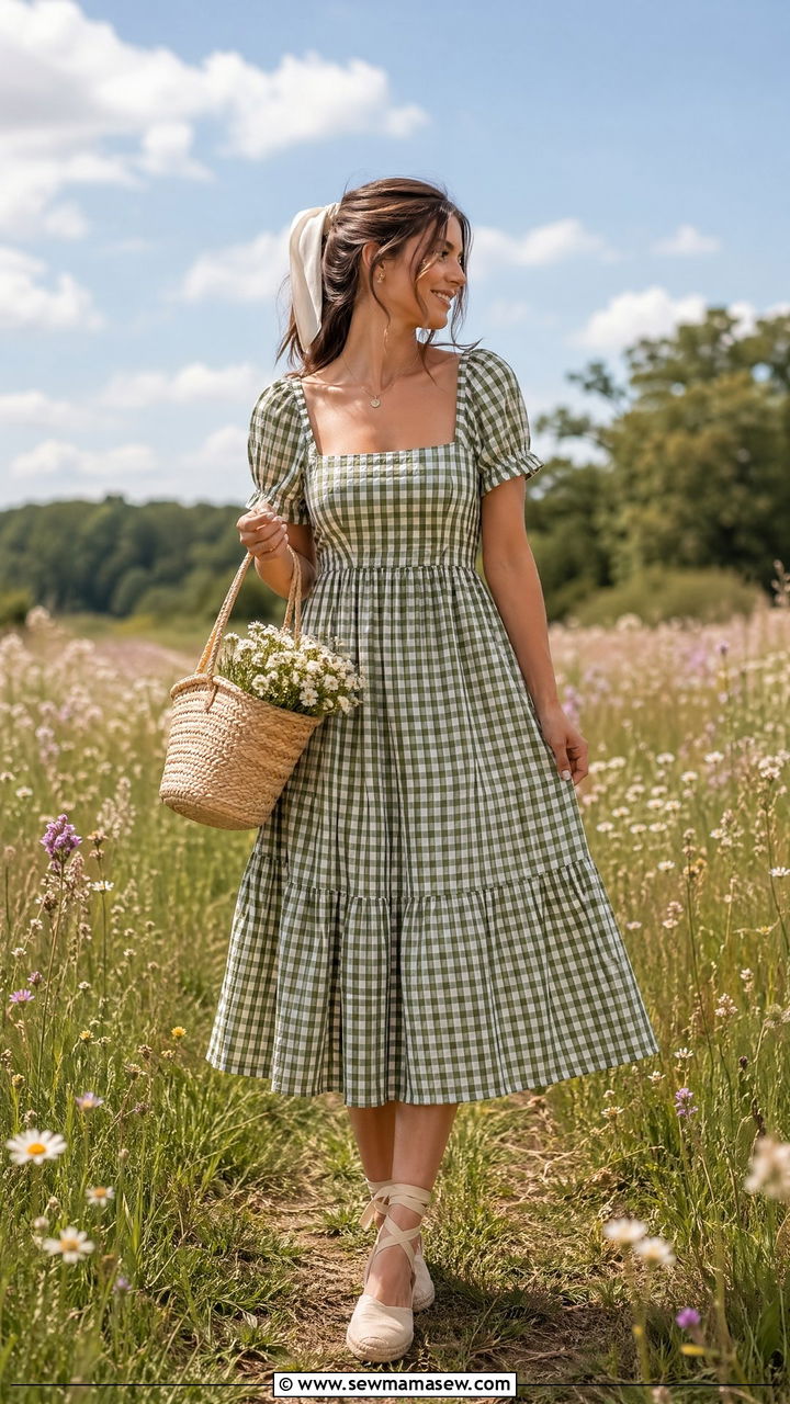 Gingham midi dress with a basket bag - 35 Trendy summer outfits