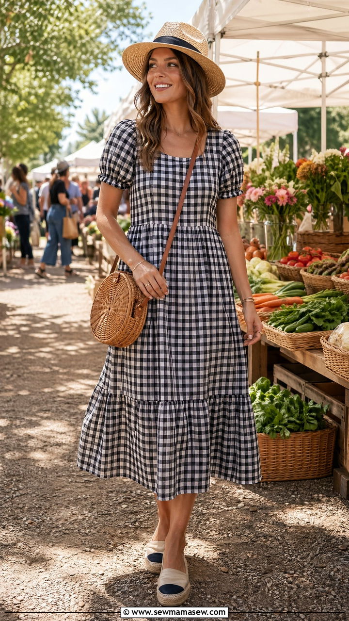 Gingham midi dress with espadrilles and a wicker crossbody - 35 Spring outfit ideas 2026