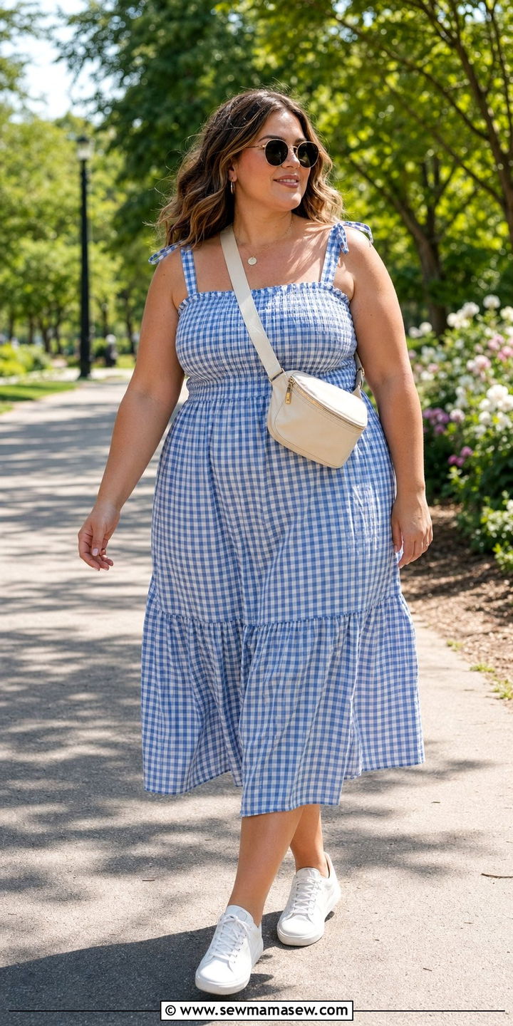 Gingham midi dress with white sneakers - 35 Plus size outfit ideas size 18 summer
