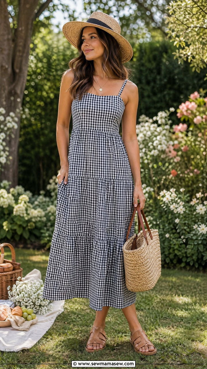 Gingham midi dress with woven accessories - 35 Weekend getaway outfit ideas