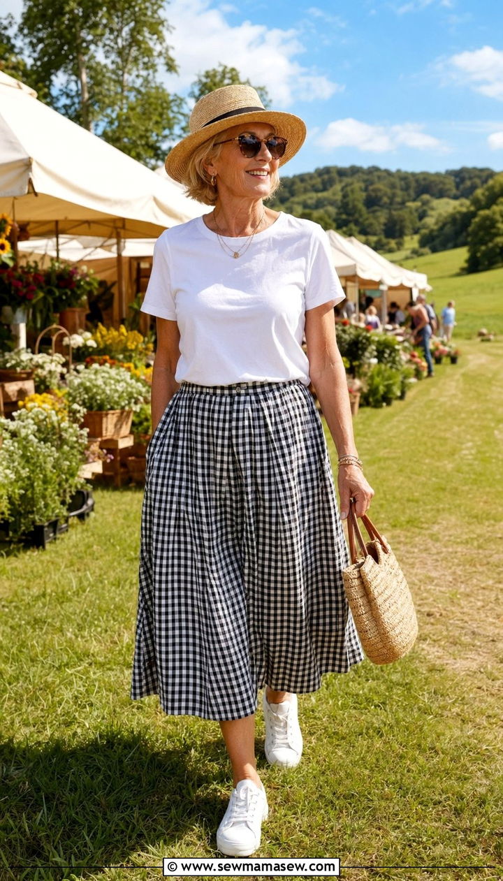 Gingham midi skirt with a white tee - 30 Best skirts for women over 60