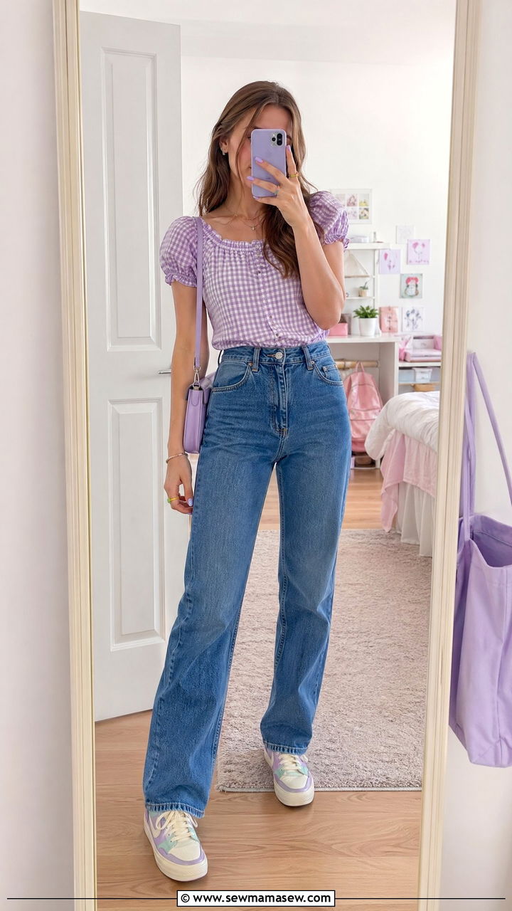 Gingham puff sleeve blouse with straight jeans outfit - 35 Spring outfits for school