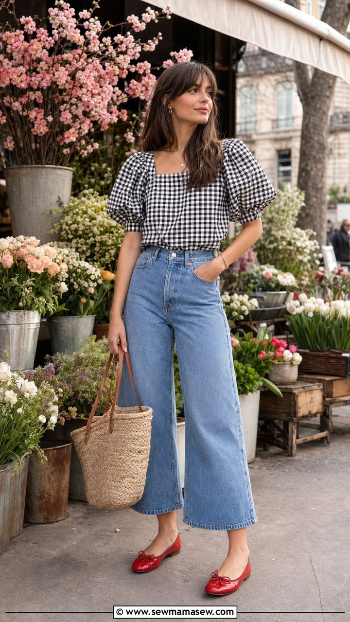 Gingham top with cropped wide leg jeans and red ballet flats - 35 Paris spring outfit ideas