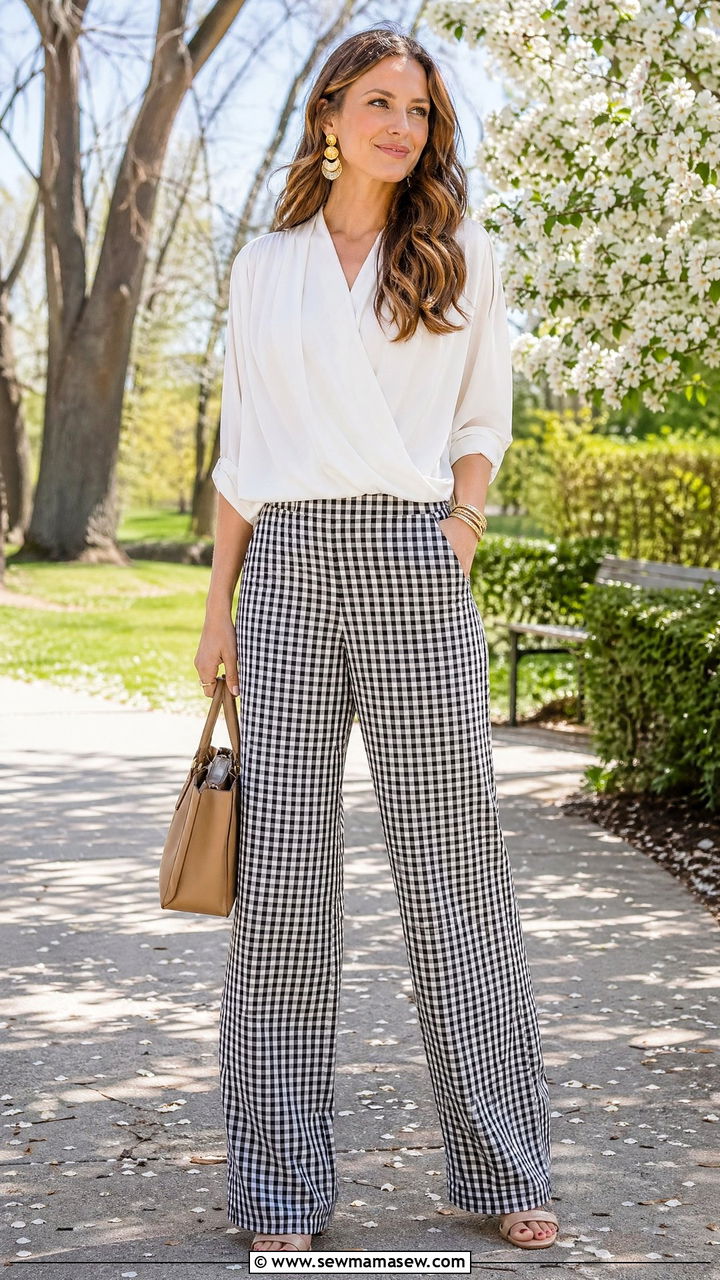 Gingham wide leg pants and draped blouse teacher outfit - 35 spring outfits for teachers