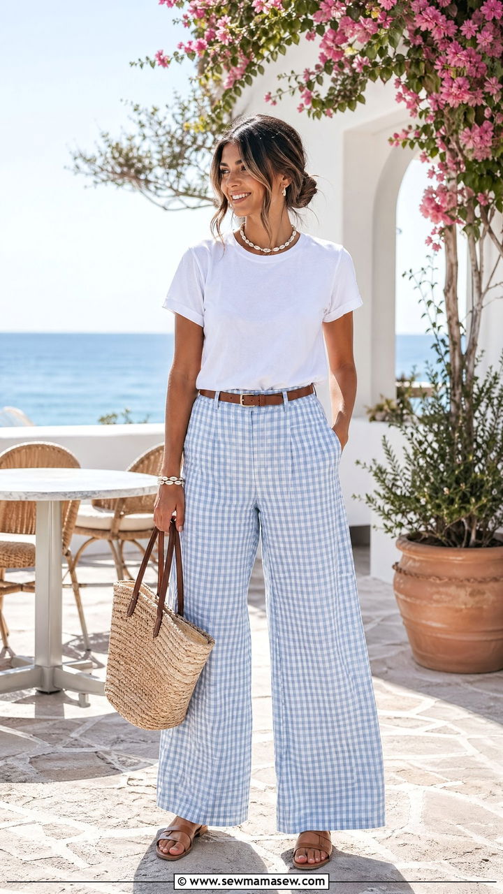 Gingham wide leg trousers with white tee - 35 spring smart casual outfit ideas