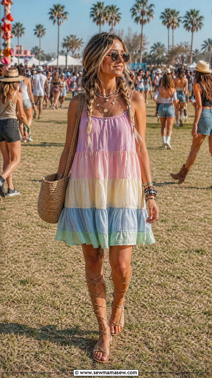 Gladiator Sandals with Flowy Sundress and Round Sunglasses - 35 cute music festival outfits