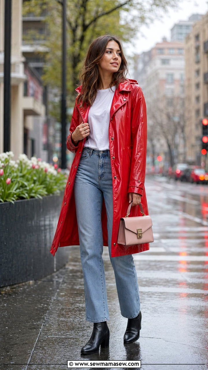 Glossy Red Raincoat With Relaxed Denim Outfit - 35 Rainy spring outfits