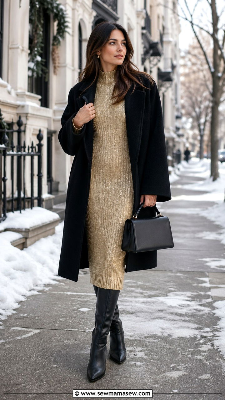Gold Knit Midi Dress With Knee High Boots - 40 All gold outfit ideas