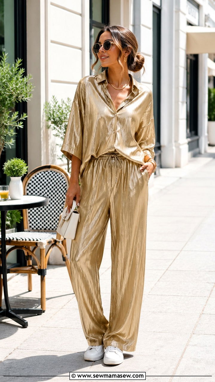 Gold Metallic Co Ord Set With Sneakers - 40 All gold outfit ideas